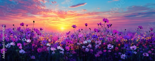 Blooming flowers in meadow with paradise feel and dreamy concept. Vibrant wildflowers bloom under a colorful sunset sky.