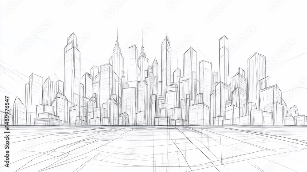 Naklejka premium Architectural Perspective: Urban Skyline Sketch with Skyscrapers and Buildings
