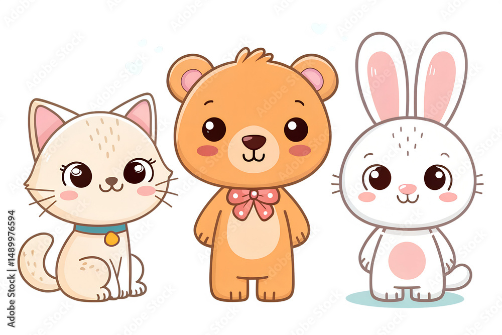 Naklejka premium Cute cartoon baby animals with white outline kawaii cat, dog, bear, and bunny isolated for sticker packs PNG