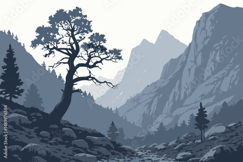 157 mountainous landscape, dramatic lighting, moody atmosphere, twisted tree, rocky terrain, fog, mist, cinematic