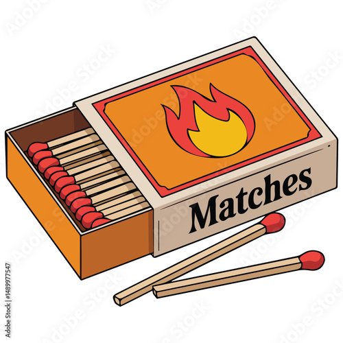 Matchbox with wooden matches fire isolated vector illustration on white background