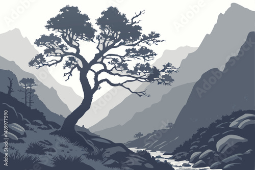 157 mountainous landscape, dramatic lighting, moody atmosphere, twisted tree, rocky terrain, fog, mist, cinematic