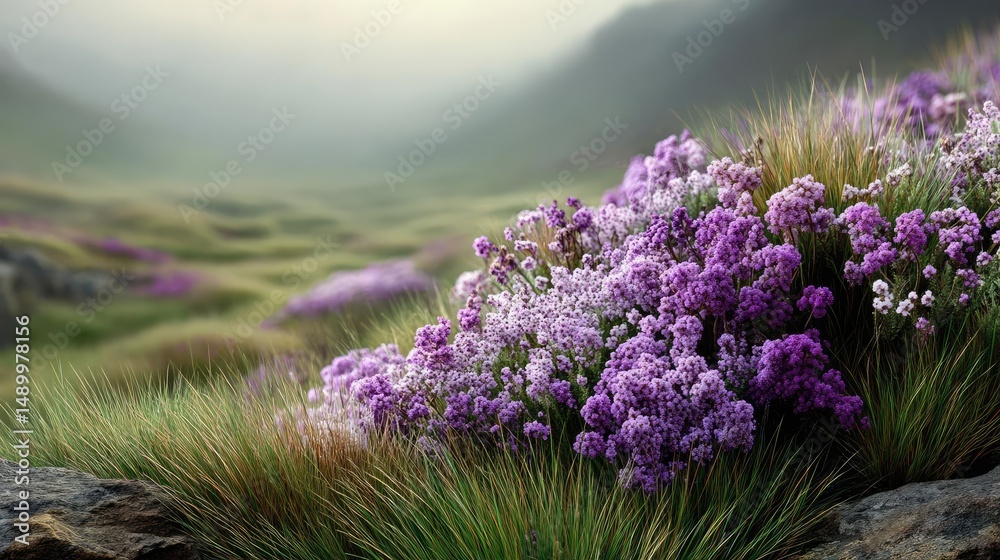 Fototapeta premium Blooming flowers in meadow across glowing vibrant paradise concept. Vibrant purple flowers bloom in a misty, tranquil landscape.