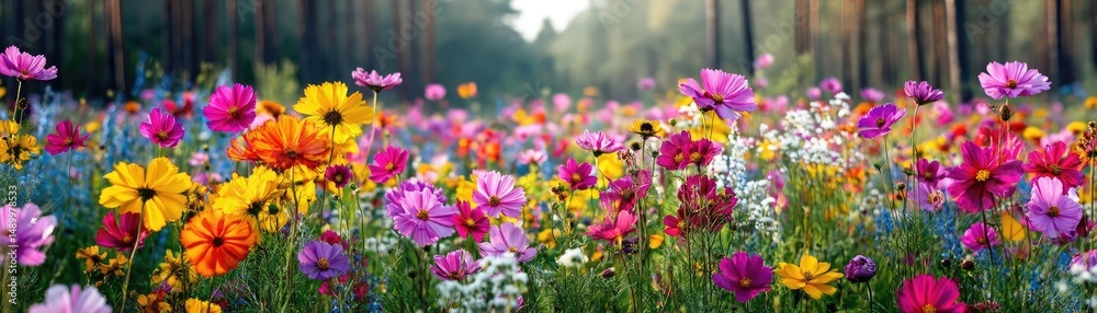 Fototapeta premium Blooming flowers in meadow through dreamy gardens and paradise concept. Vibrant wildflowers blooming in colorful harmony in nature's beauty.