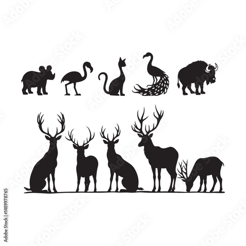  Diverse Animal Silhouettes: Koala, Flamingo, Llama, Peacock, Bison, Deer Family Vector.