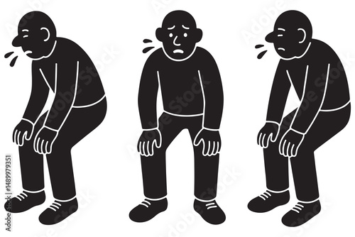 Sick people illustration showing symptoms of illness and flu with cough and sneeze in black and white silhouette