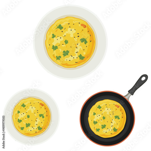 Set of three omelets breakfast food isolated vector illustration on white background