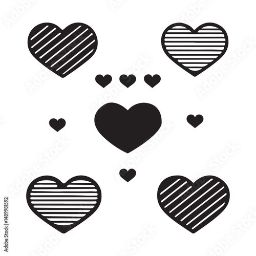 Hand-Drawn Heart Icons – Striped and Solid Heart Vector Set