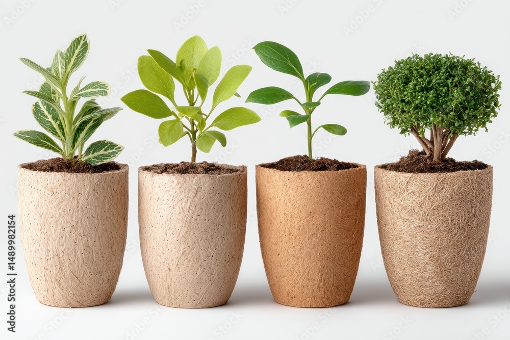 Fototapeta premium A set of biodegradable plant pots with young plants inside, isolated on white background