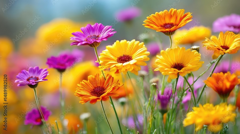 Obraz premium Blooming flowers in meadow with paradise feel and dreamy concept. Vibrant flowers in bloom showcasing a colorful spring landscape.