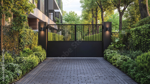 Modern black metal gate at luxury residence entrance surrounded by lush green landscaping, elegant architecture and natural outdoor lighting creating a secure and stylish impression.