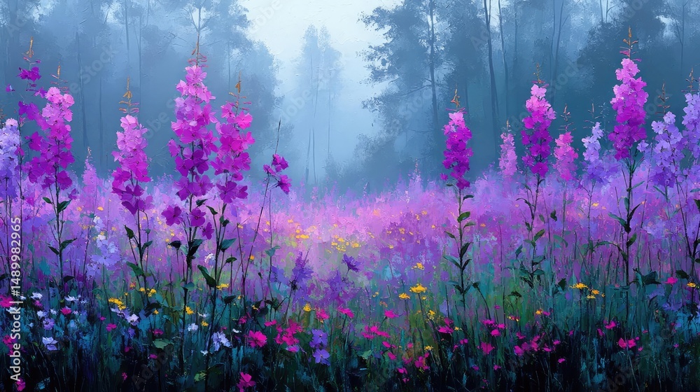 Fototapeta premium Blooming flowers in meadow through dreamy gardens and paradise concept. A serene field filled with vibrant purple flowers in morning mist.