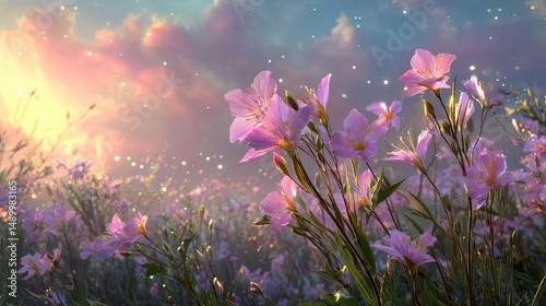 Blooming flowers in meadow with paradise feel and dreamy concept. A vibrant field of blooming flowers with a magical sunset ambiance.