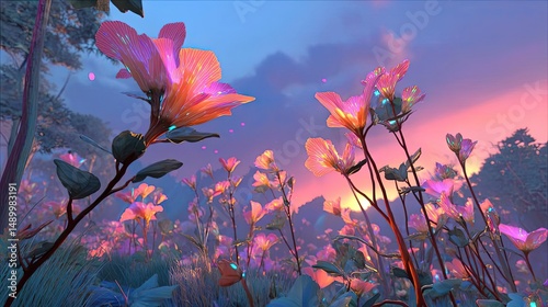 Blooming flowers in meadow with paradise feel and dreamy concept. A vibrant field of flowers illuminated by a colorful sunset.