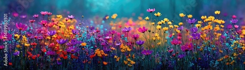 Blooming flowers in meadow with paradise feel and dreamy concept. Vibrant wildflower field displaying various colorful blooms.