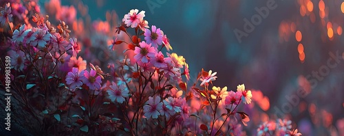Blooming flowers in meadow across glowing vibrant paradise concept. Vibrant flowers bloom in a mystical forest at sunset.