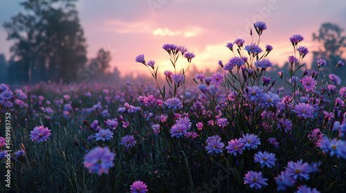 Blooming flowers in meadow through dreamy gardens and paradise concept. Vibrant wildflowers blooming in a serene landscape at sunset.