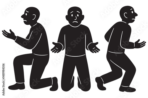Silhouette of a man kneeling with both hands held forward, pleading or begging