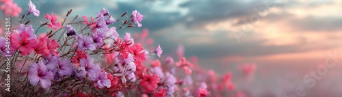 Blooming flowers in meadow across glowing vibrant paradise concept. Vibrant pink flowers blooming against a sunset sky backdrop.