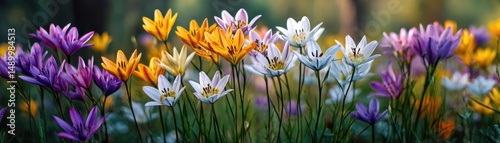 Blooming flowers in meadow with paradise feel and dreamy concept. Vibrant garden flowers in various colors blooming in sunlight.