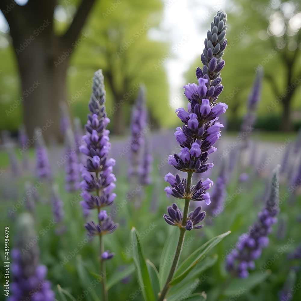 Obraz premium Brotes de lavanda floreciendo a lo largo de un sendero arbolado en el parque.