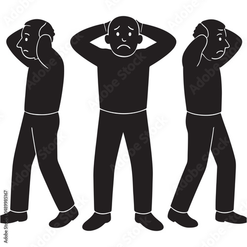 Silhouette of a man standing with both hands clasped behind his head in shock or disbelief