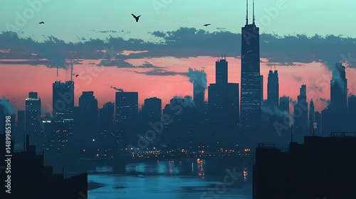 Chicago Skyline Silhouette at Dusk: A Vibrant Urban Landscape Painting