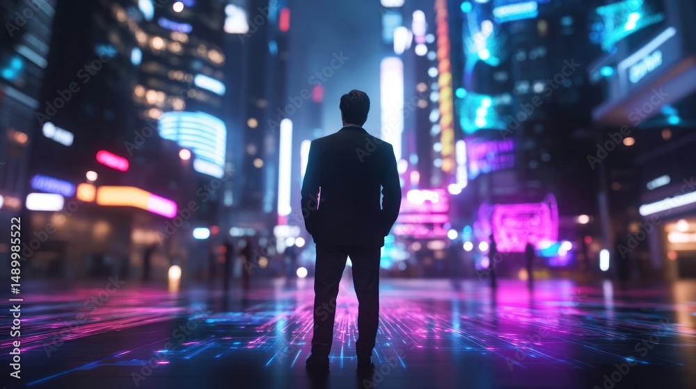Businessman in futuristic city at night Businessman in futuristic city at night