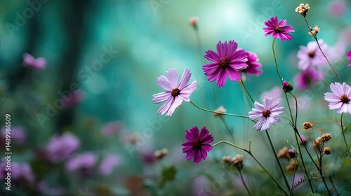 Blooming flowers in meadow with paradise feel and dreamy concept. A vibrant display of colorful flowers in a serene garden setting.