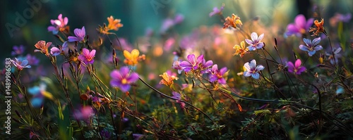 Blooming flowers in meadow with paradise feel and dreamy concept. Vibrant wildflowers blooming in a lush, serene forest setting.