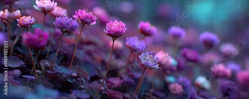 Blooming flowers in meadow through dreamy gardens and paradise concept. Vibrant flowers blooming in a colorful garden landscape.