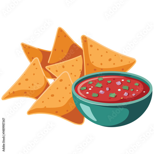 Nachos dipped in spicy red sauce isolated vector illustration on white background