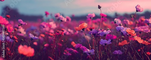 Blooming flowers in meadow through dreamy gardens and paradise concept. Vibrant wildflower field under a stunning sunset sky.