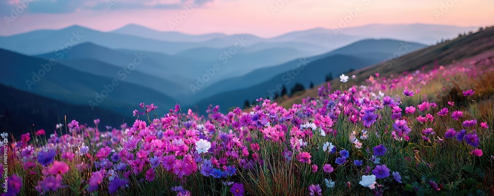 Obraz premium Blooming flowers in meadow through dreamy gardens and paradise concept. Vibrant wildflowers bloom in a scenic mountain landscape at sunset.