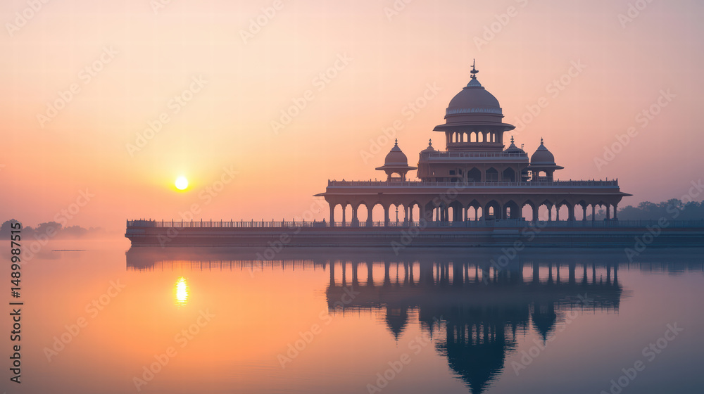 Obraz premium Majestic Building at Sunrise: An architectural marvel reflects peacefully in serene water.