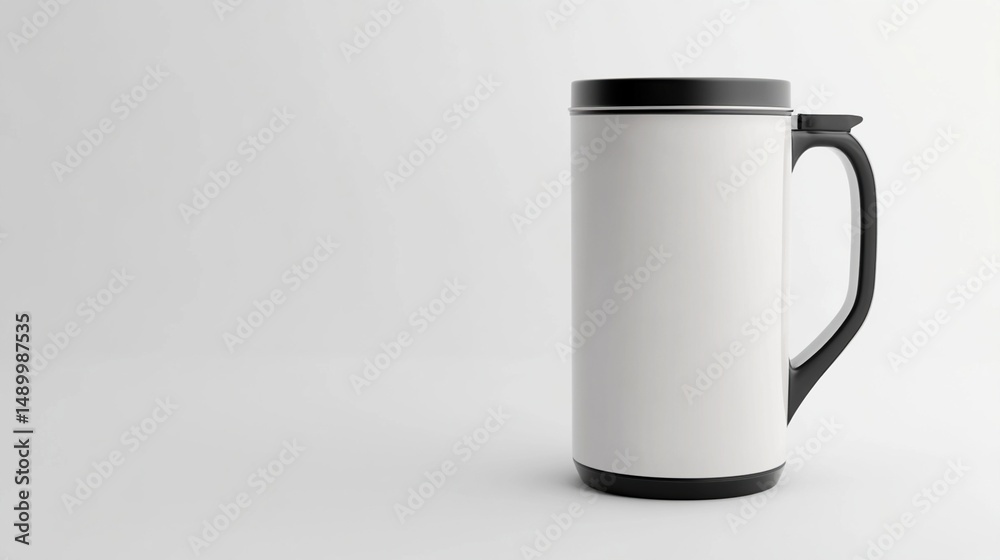 A tall, white travel mug with a black lid, handle, and base sits on a plain white background, slightly angled to the right, showcasing its clean design A tall, white travel mug with a black lid, handle, and base sits on a plain white background, slightly angled to the right, showcasing its clean design