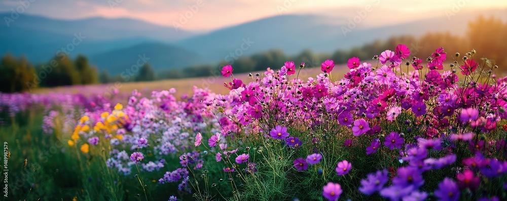 Naklejka premium Blooming flowers in meadow through dreamy gardens and paradise concept. Vibrant wildflowers blooming in a colorful meadow at sunset.
