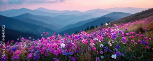 Blooming flowers in meadow through dreamy gardens and paradise concept. Vibrant wildflowers bloom in a scenic mountain landscape at sunset.
