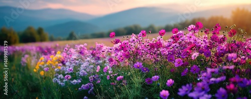 Blooming flowers in meadow through dreamy gardens and paradise concept. Vibrant wildflowers blooming in a colorful meadow at sunset.