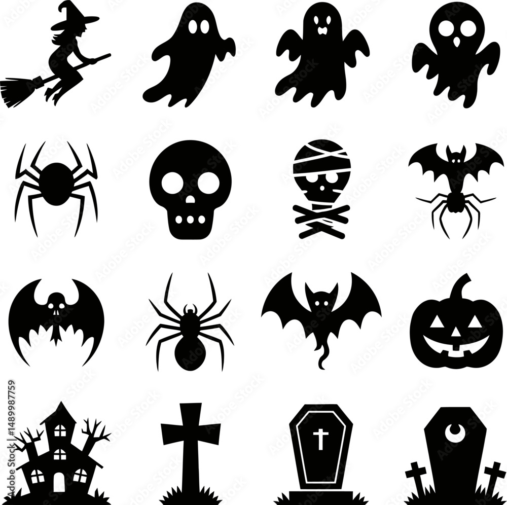 Fototapeta premium A collection of 20 black Halloween silhouette icons on a white background, including witches, ghosts, skulls, bats, spiders, tombstones, a haunted house, and a jack-o'-lantern.