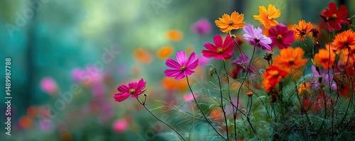 Blooming flowers in meadow across glowing vibrant paradise concept. Colorful flowers bloom in a vibrant, lush garden setting.