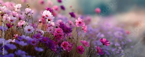 Blooming flowers in meadow across glowing vibrant paradise concept. A beautiful field of colorful wildflowers in soft sunlight.