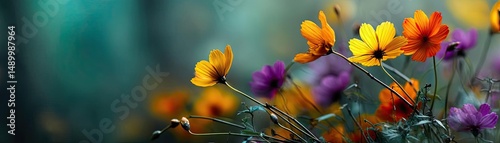 Blooming flowers in meadow through dreamy gardens and paradise concept. A vibrant array of colorful flowers in a serene natural setting.