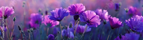 Blooming flowers in meadow with paradise feel and dreamy concept. Vibrant purple flowers blooming in a beautiful garden setting.