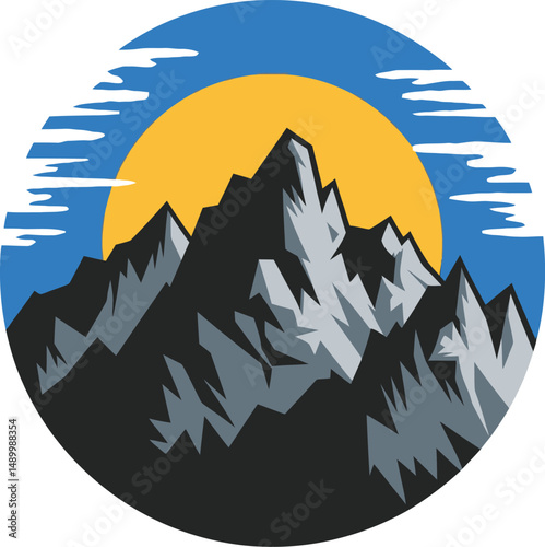 Colorful mountain landscape vector with a blue sky and golden sun in the background. Ideal for outdoor adventure branding, travel posters, hiking clubs, and nature-related marketing.
