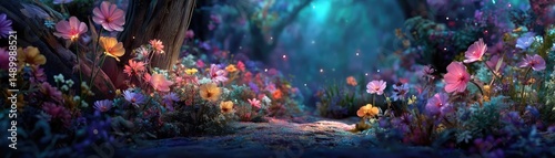 Blooming flowers in meadow through dreamy gardens and paradise concept. Vibrant floral landscape with a mystical forest backdrop.