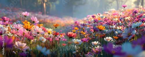 Blooming flowers in meadow across glowing vibrant paradise concept. Vibrant field of colorful flowers illuminated by soft morning light.