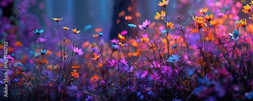 Blooming flowers in meadow with paradise feel and dreamy concept. A vibrant display of colorful flowers in a magical garden setting.