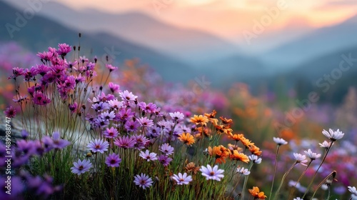 Blooming flowers in meadow across glowing vibrant paradise concept. Vibrant wildflower field at sunset in a serene mountain landscape.