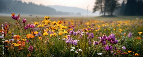 Blooming flowers in meadow across glowing vibrant paradise concept. A vibrant field of wildflowers in various colors at sunrise.